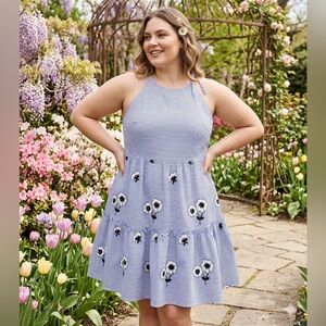 NWT Eliza J Blue White Stripe embroidered Floral Tiered Halter Midi Dress 24W